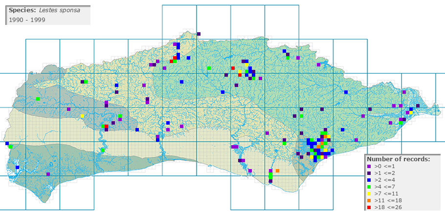 Lestes sponsa distribution 1990 - 1999